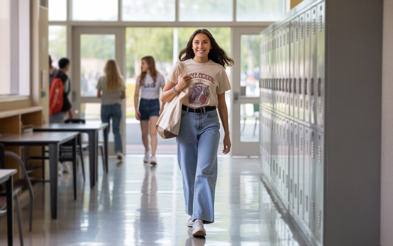 a teenage girl walking confidently through a modern high school hallway, wearing a trendy back-to-school outfit