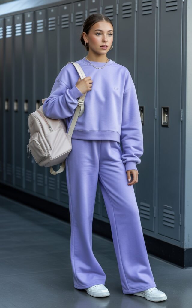 a teenage girl wearing a coordinated matching sweatsuit set in a trendy pastel lavender color
