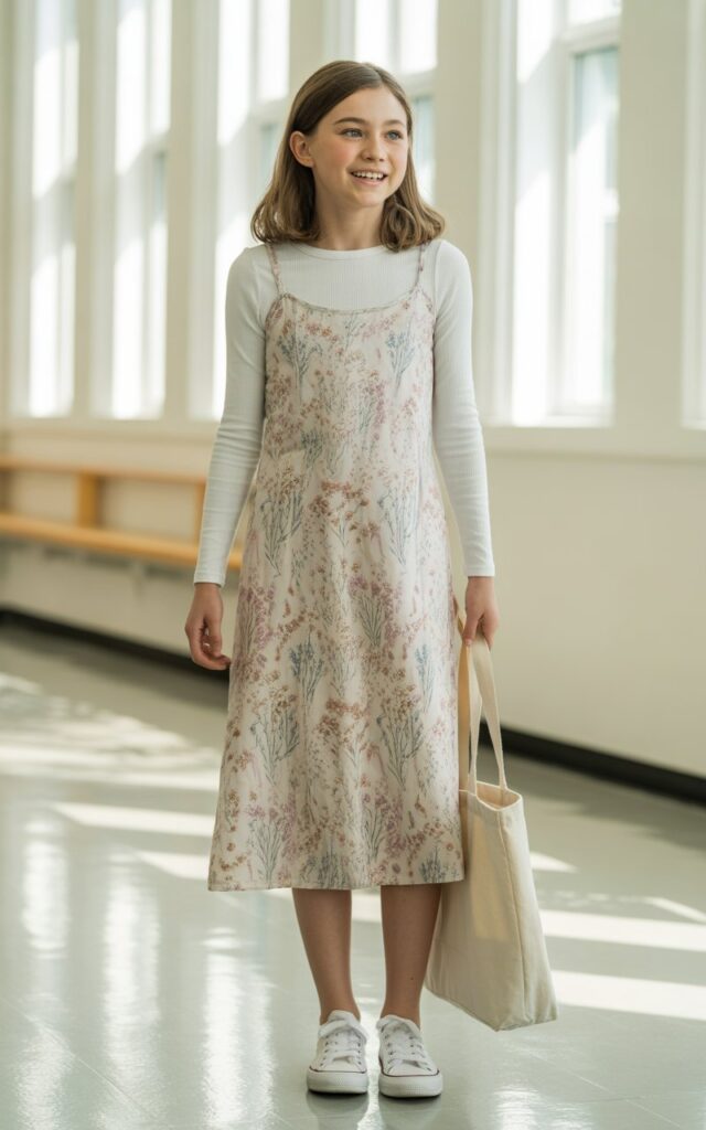 a teenage girl wearing a cute layered school outfit featuring a floral slip dress over a fitted long-sleeve white top