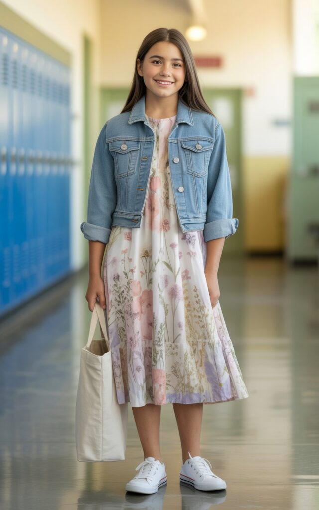 a teenage girl wearing a flowy floral midi dress in soft pastel colors paired with a classic light-wash denim jacket