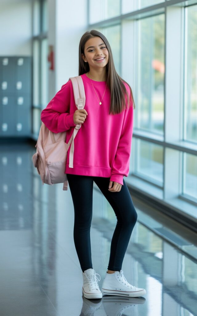 a teenage girl wearing a trendy school outfit consisting of a bright hot pink oversized sweater and sleek black leggings