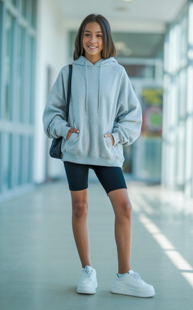 a teenage girl wearing a trendy school outfit featuring an oversized gray hoodie paired with black biker shorts