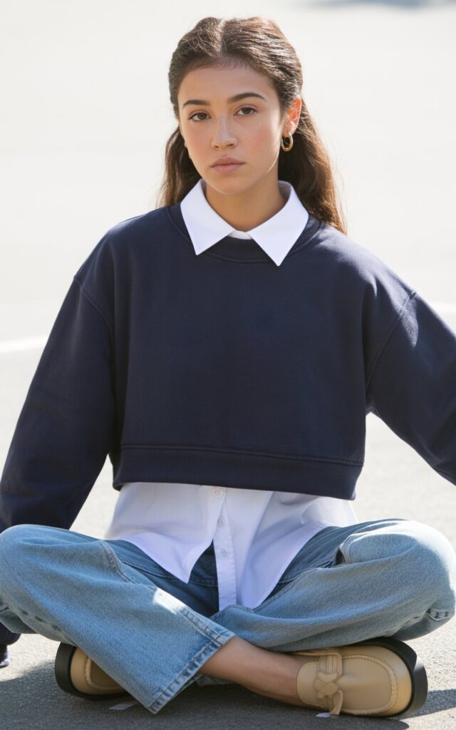 a teenage girl wearing a trendy varsity-inspired school outfit in natural lighting
