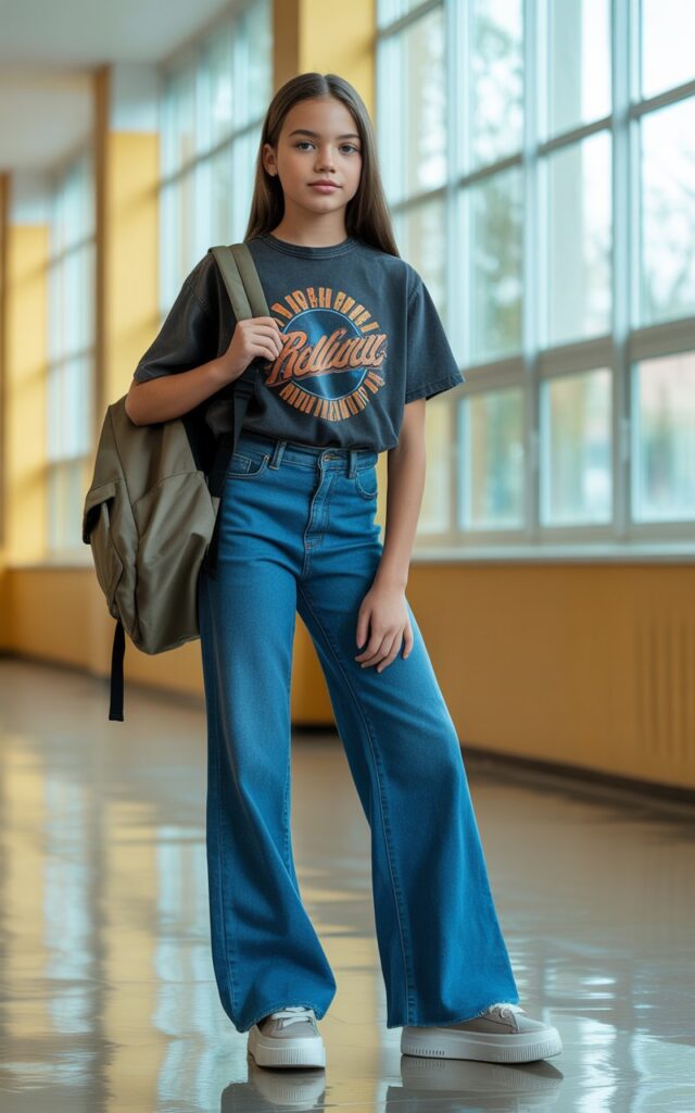 a trendy teenage girl wearing a vintage-inspired graphic tee featuring a retro band logo