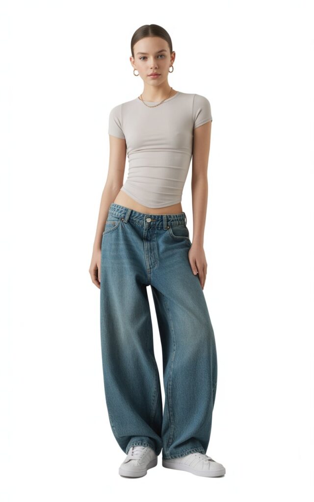 a trendy teenage outfit styled on a clean, minimalist background