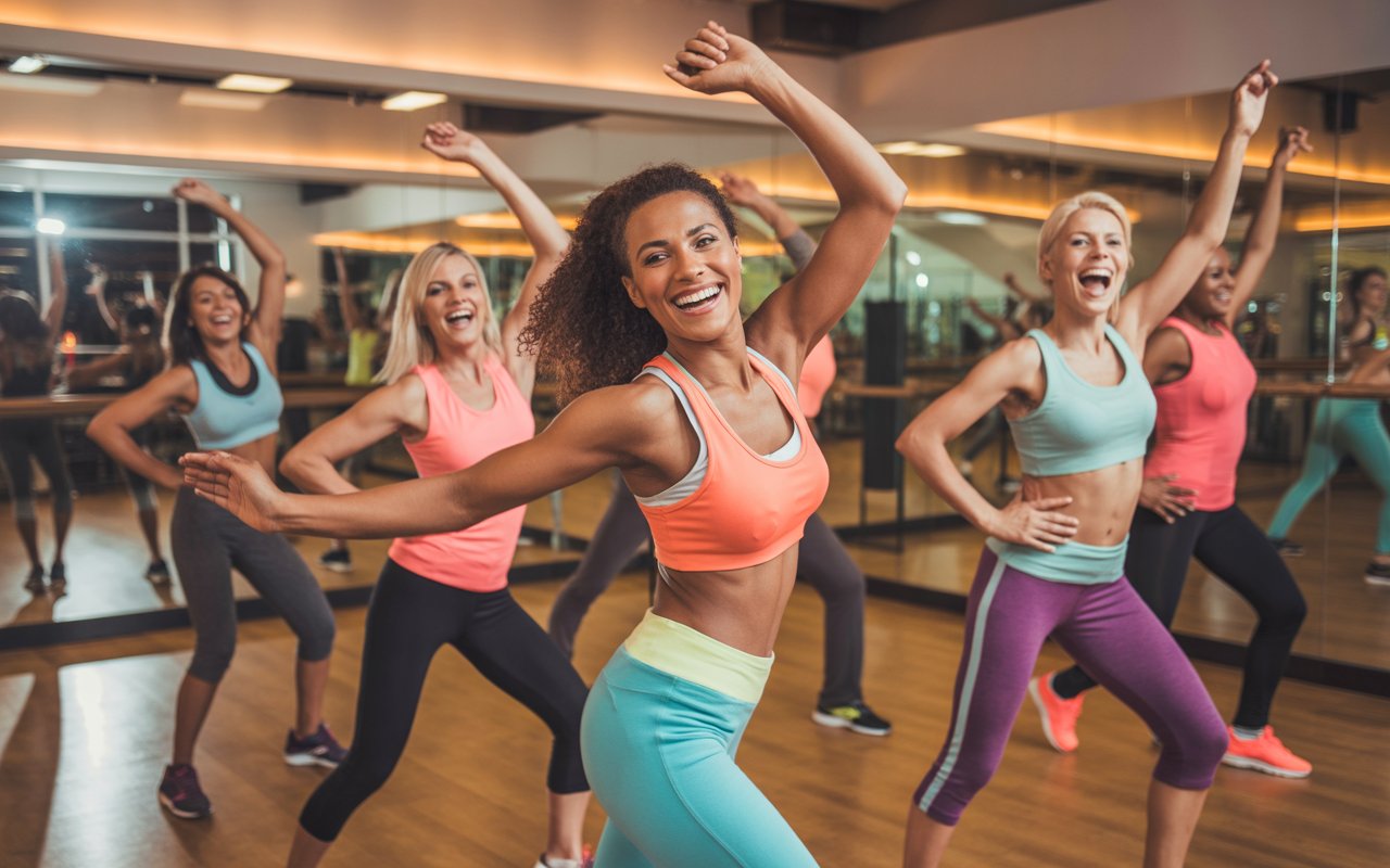 a vibrant Zumba fitness class in a modern gym studio with energetic women of various ages dancing together