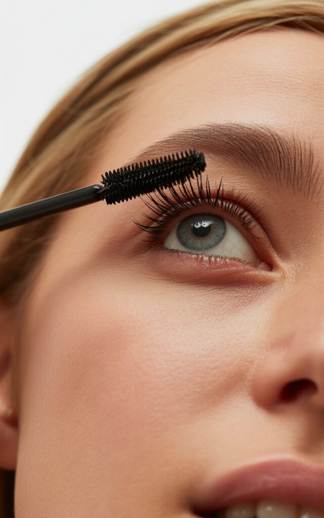 a woman applying black mascara to her upper eyelashes with a mascara wand