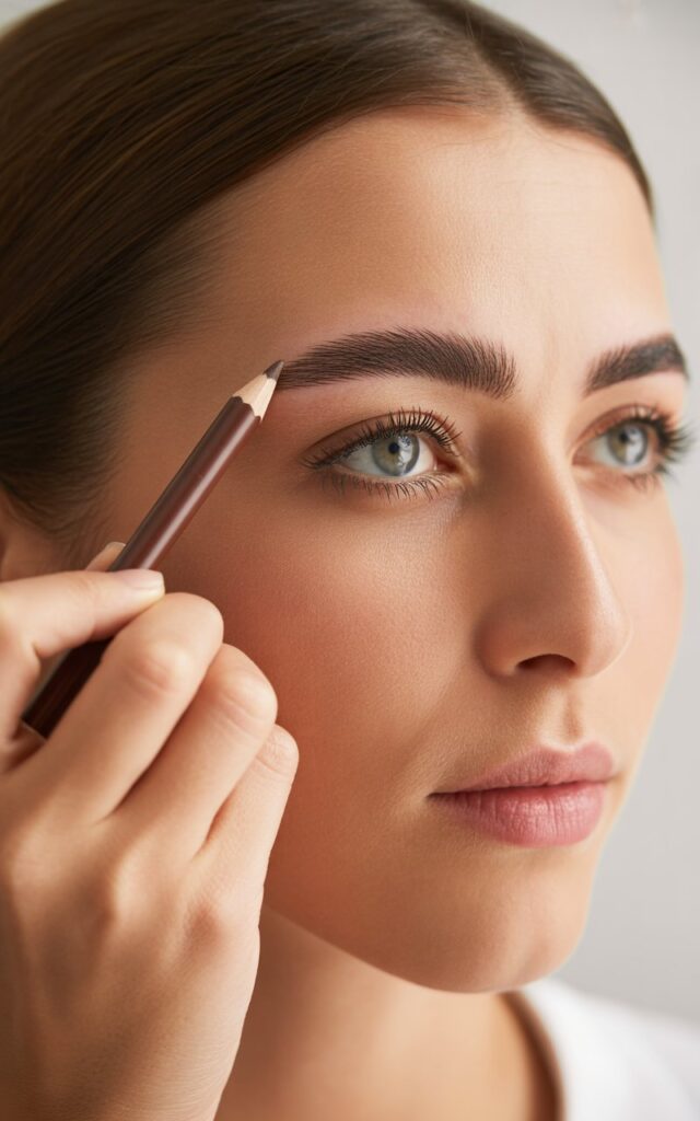 a woman applying eyebrow makeup with a fine-tipped brown pencil