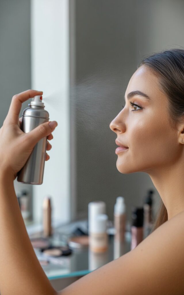 a woman applying setting spray as the final step in her makeup routine