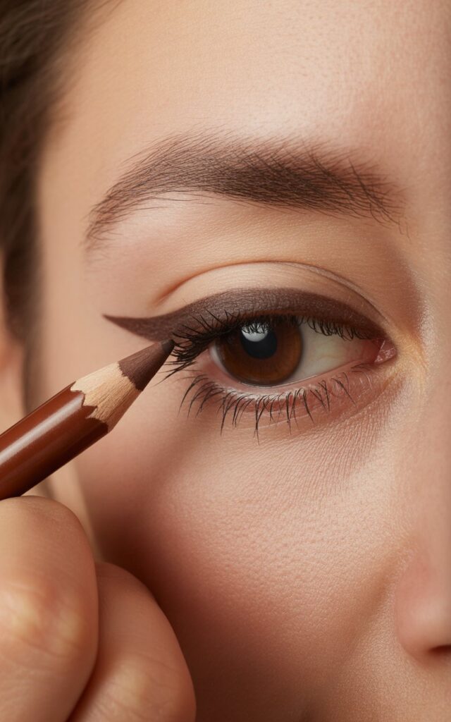 a woman's eye having brown pencil eyeliner carefully applied along the upper lash line