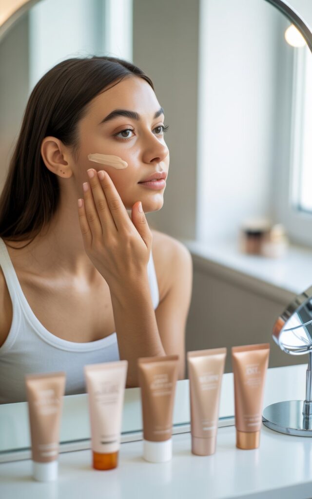 a young woman applying tinted moisturizer to her face in front of a well-lit vanity mirror