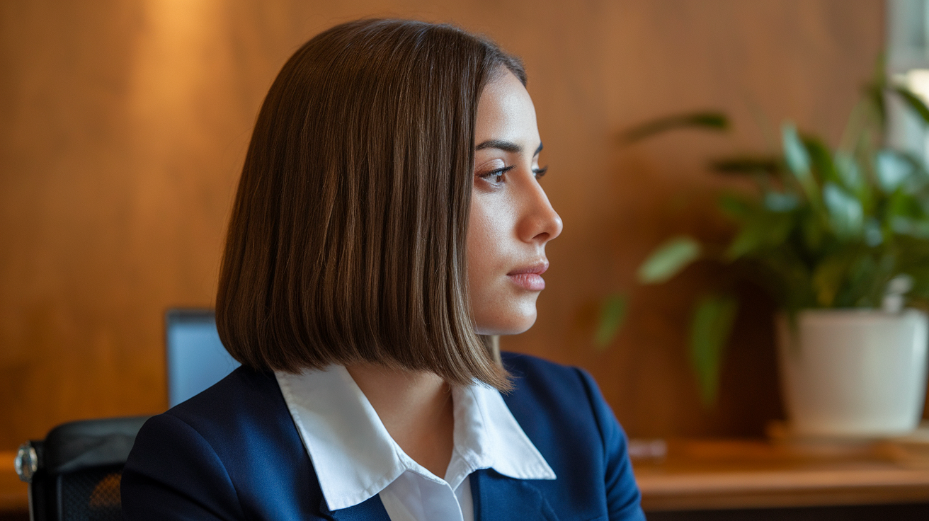 A side profile photo of a Paraguayan woman with straight bob haircut in a warm lighting. She is wearing a white shirt and a blue blazer. She is sitting in an office setting with a wooden desk and a potted plant.