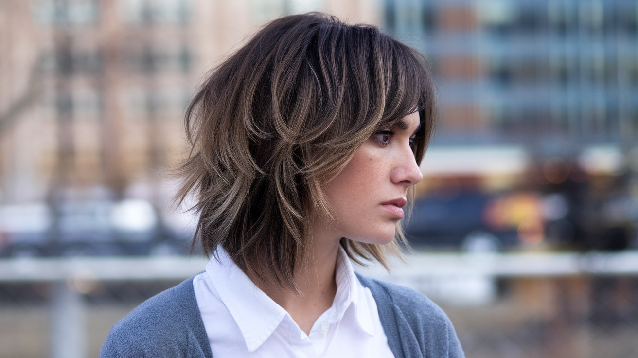 woman with a layered shag haircut. She has dark brown hair and is wearing a white shirt and a gray cardigan