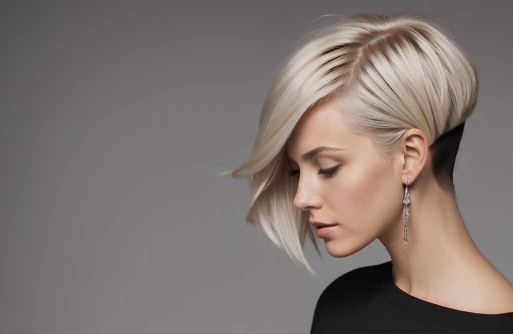 asymmetrical bob haircut on woman's Platinum Blonde hair color