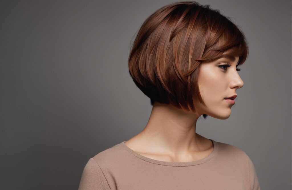 asymmetrical bob haircut with bangs on woman's Copper hair color