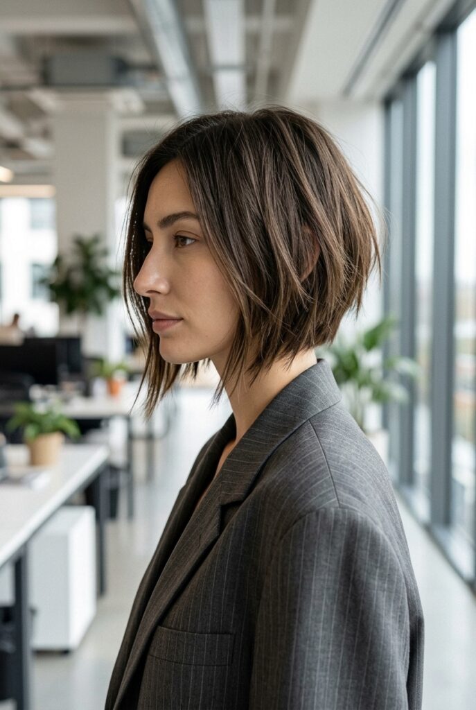 asymmetrical choppy bob with one side longer than the other on a woman in side profile in an office asymmetrical choppy bob with one side longer than the other on a woman in side profile in an office