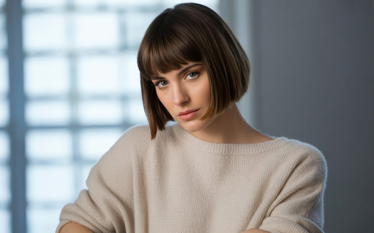 Professional female fashion model with bob with bangs