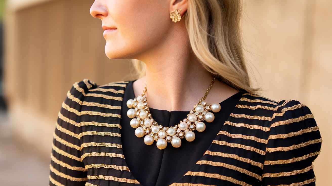 A side profile photo of an Australian woman wearing a statement necklace. She is wearing a black dress with a pattern of gold and white stripes. The necklace is made of gold and features large, white pearls. The woman has blonde hair and wears gold earrings. The background is blurred and consists of a beige wall. The lighting is warm.