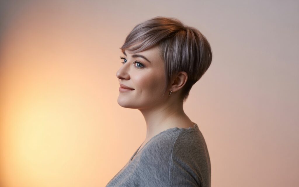 Woman with short haircut  and round chubby face
