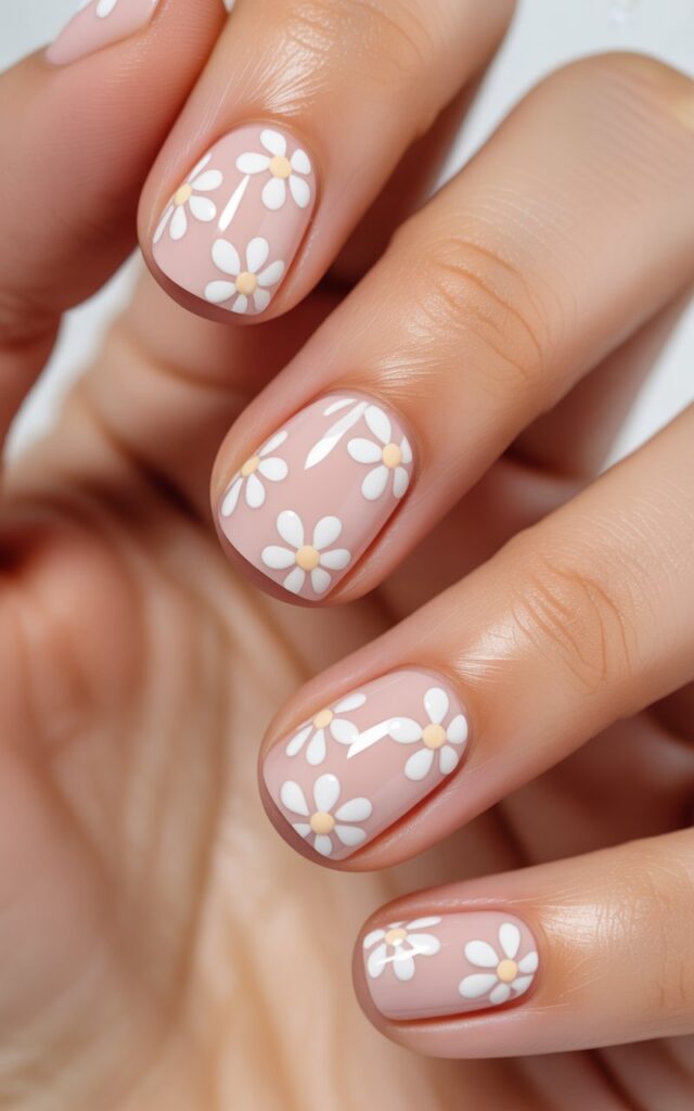 beautifully manicured fingernails showcasing simple floral dot nail art designs