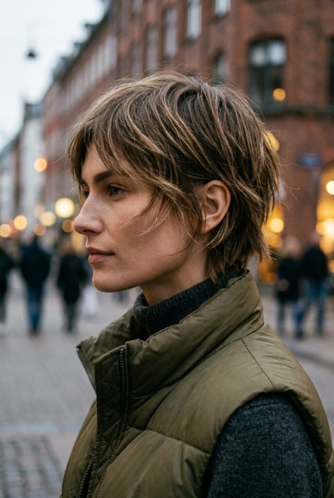bixie cut with choppy ends and face framing layers on a woman in side profile on a street bixie cut with choppy ends and face framing layers on a woman in side profile on a street