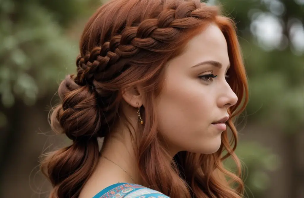 bohemian braid on woman's Auburn hair color