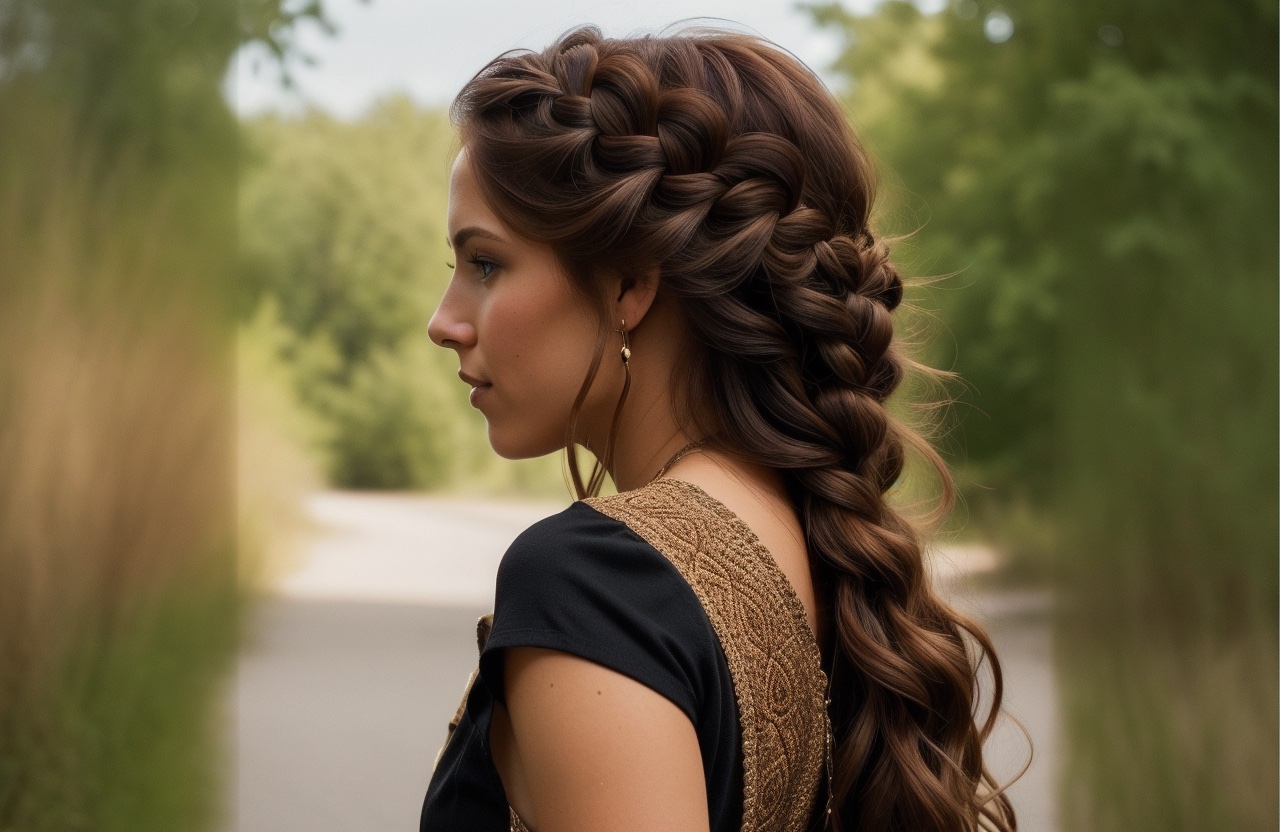 bohemian braid on woman's Chestnut Brown hair color