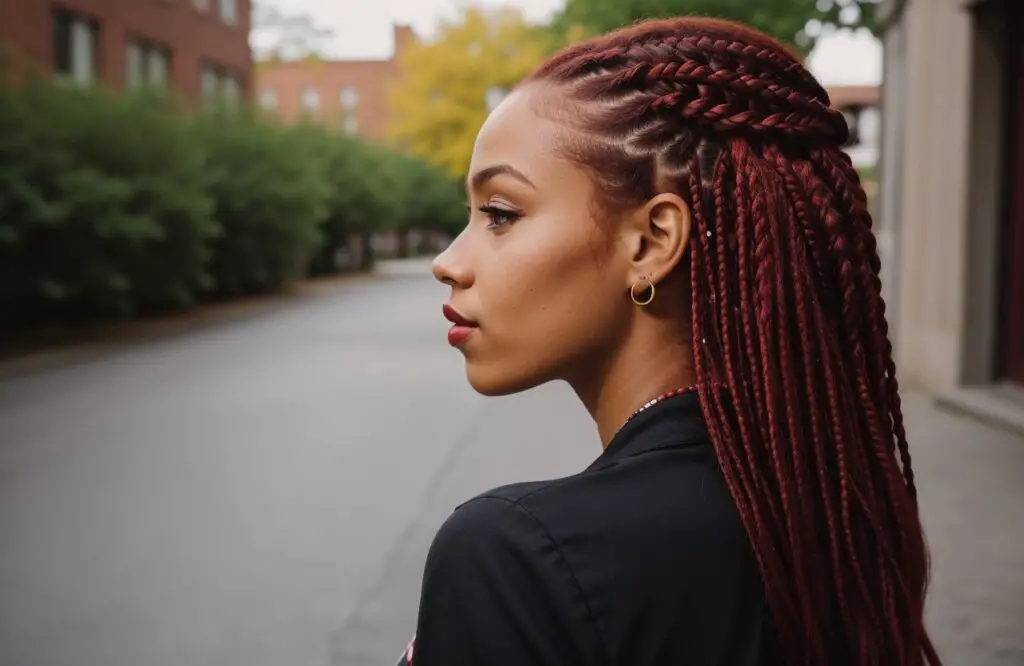 bohemian small box braids on woman's Cherry Red hair color