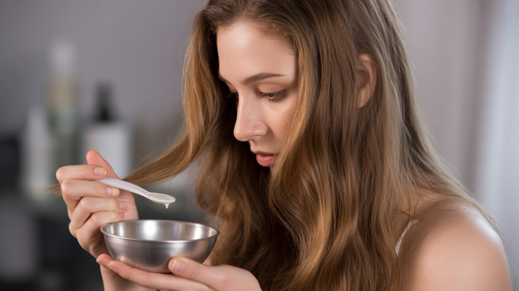 A close-up color photograph showcases a Belgian woman with long, flowing brunette hair applying a coconut oil product,
