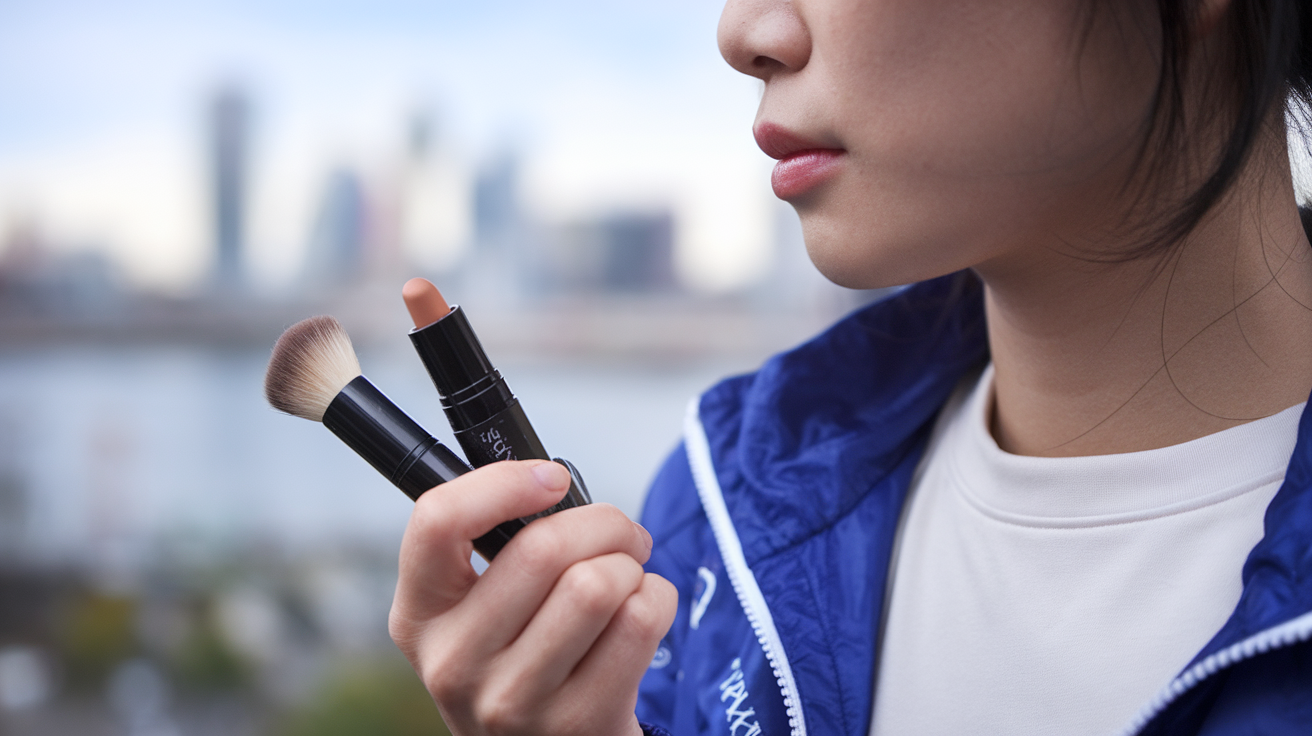 Japanese woman's side profile with a closeup shot focusing on her makeup products. She is wearing a blue jacket and a white t-shirt