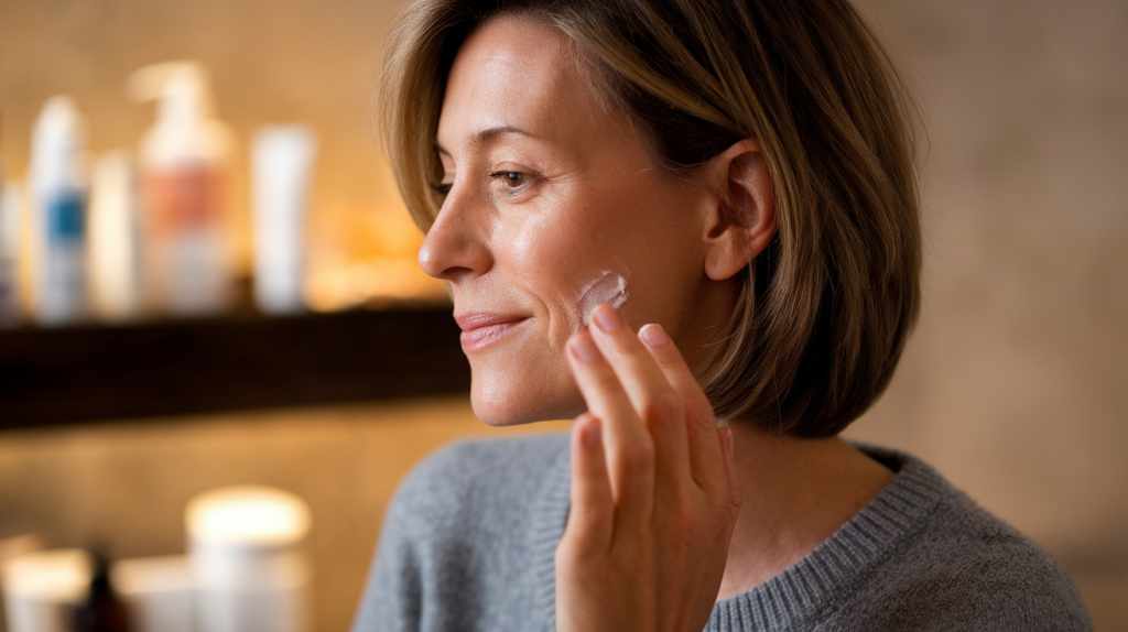 A medium shot of a side profile of an American woman with warm lighting. She is in her early 40s with short, brown hair. She is wearing a gray sweater. She is applying a cream to her skin. The background is blurred and contains skincare products.