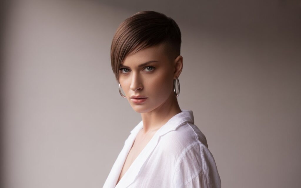 Professional female fashion model with short haircut