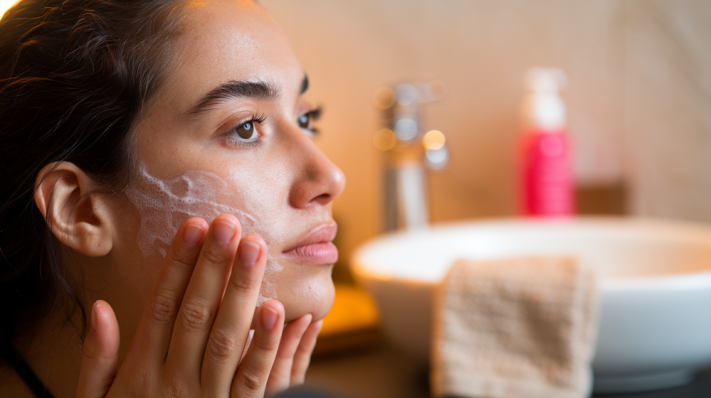 A closeup, side profile photo of an Argentine woman with acne-prone oily skin. She is applying a cleanser to her face. The background is blurred and contains a white sink, a beige towel, and a pink bottle. The lighting is warm.