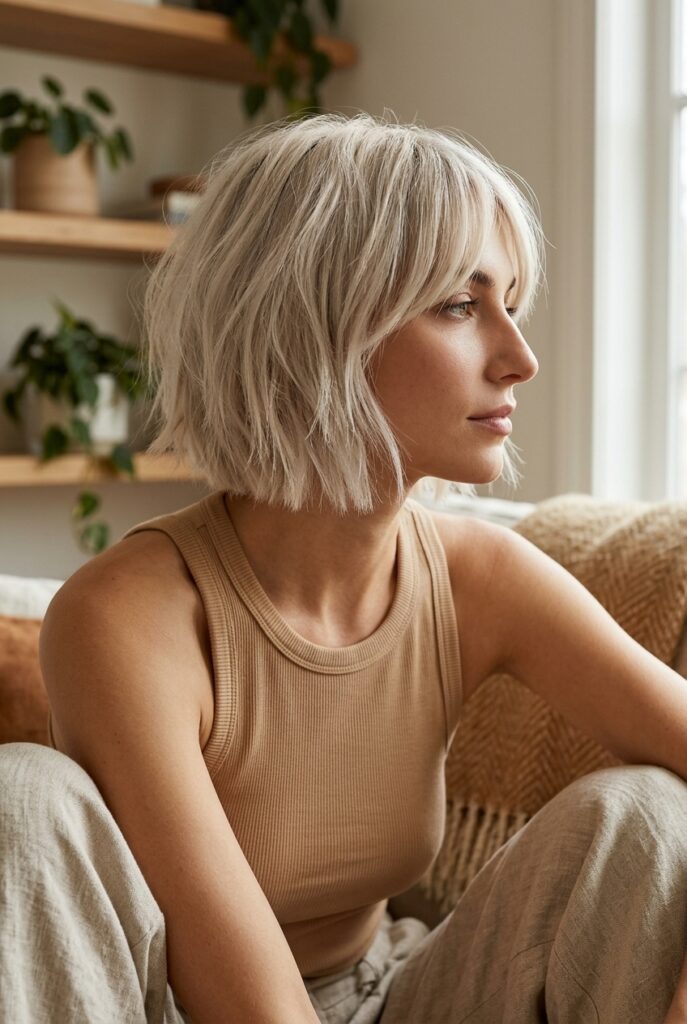 choppy bob with curtain bangs blending into layered ends on a woman in side profile at home choppy bob with curtain bangs blending into layered ends on a woman in side profile at home
