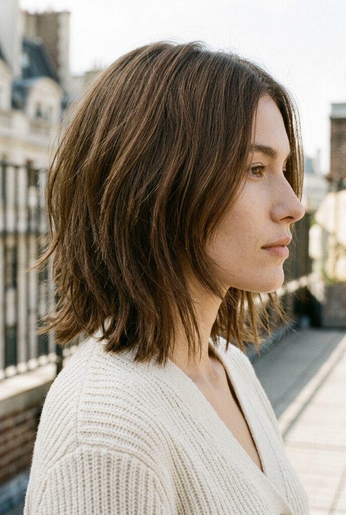 choppy layered lob with varied length layers and natural movement on a woman in side profile on a rooftop terrace choppy layered lob with varied length layers and natural movement on a woman in side profile on a rooftop terrace