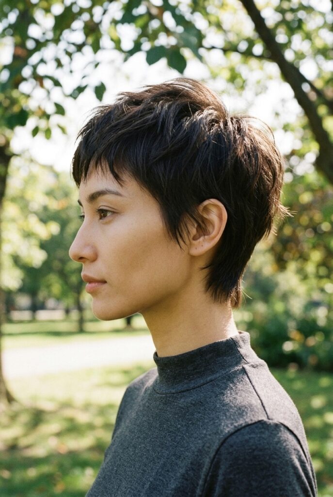 choppy pixie cut with textured layers on top and tapered sides on a woman in side profile at a park choppy pixie cut with textured layers on top and tapered sides on a woman in side profile at a park