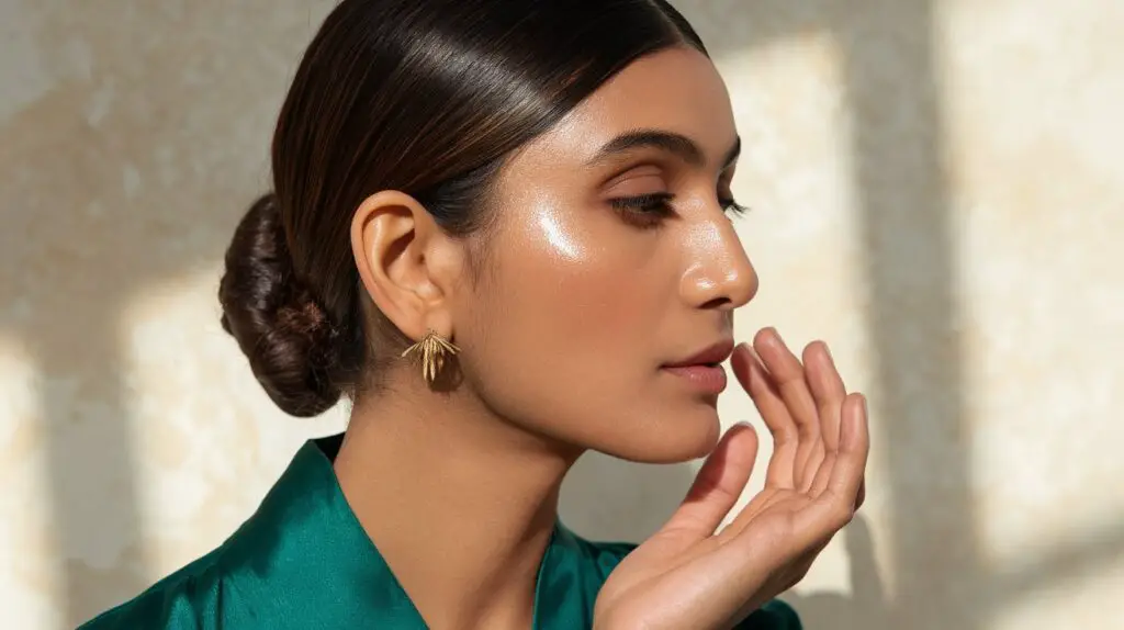 Indian woman with glossy brown hair in a sleek bun, emerald silk blouse, gentle skincare routine, morning light, dewy skin finish