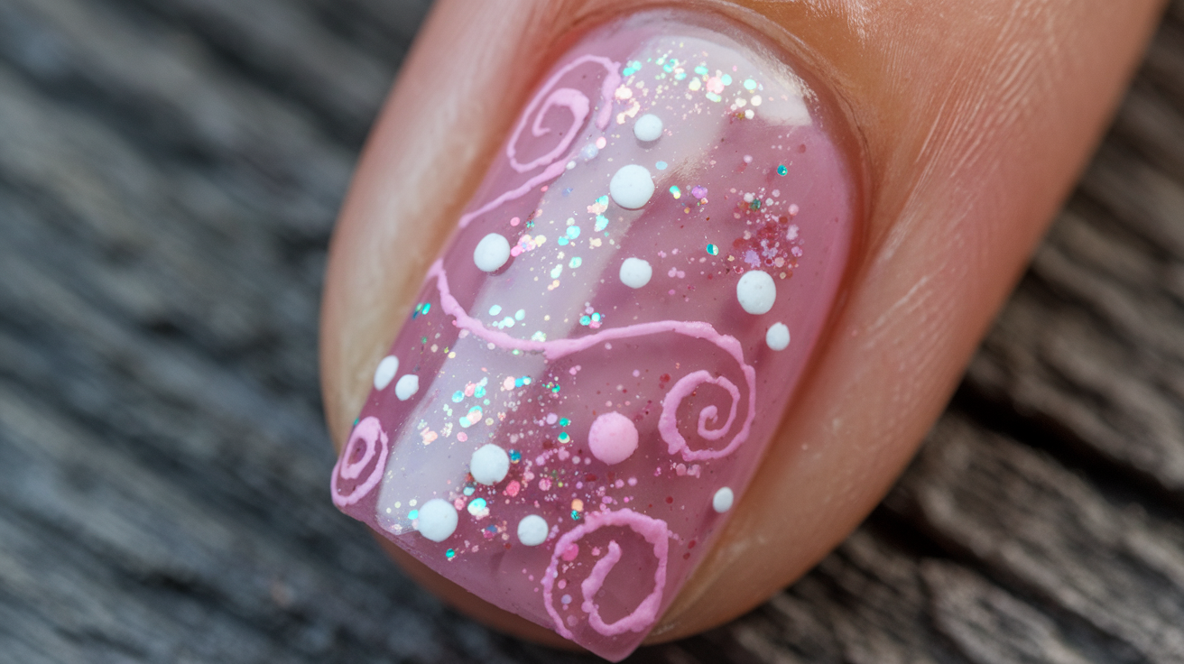 close-up shot of a nail with a jelly nail art design. The nail is painted with a soft pink jelly polish and has white and pink glitter scattered throughout