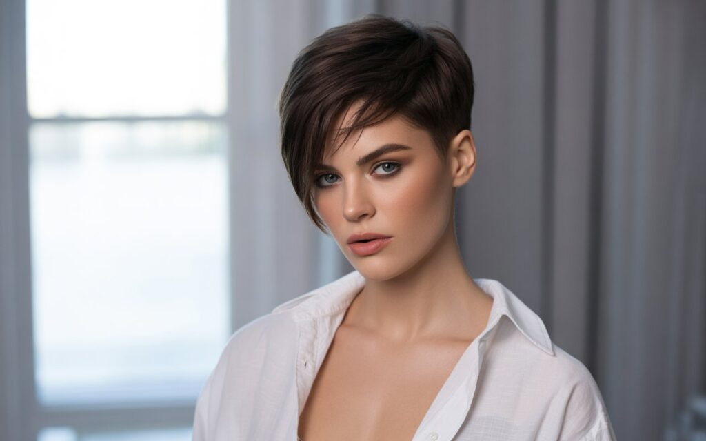 Professional female fashion model with modern pixie haircut