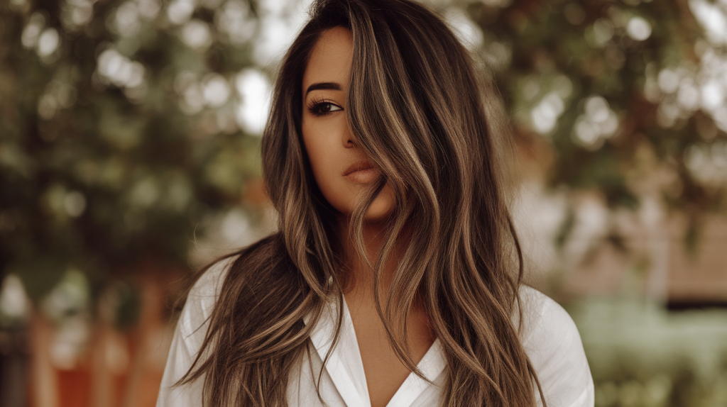 A photo of an Antiguan woman with long hair and face-framing layers. The hair is dark brown and is styled in loose waves. The woman is wearing a white shirt. The background is blurred and contains greenery. The lighting is warm. The image is in portrait orientation.