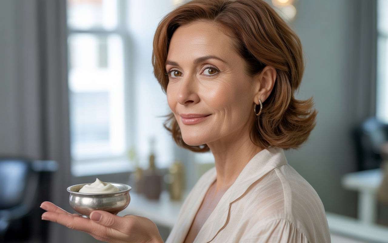 50 yrs old Woman doing skincare