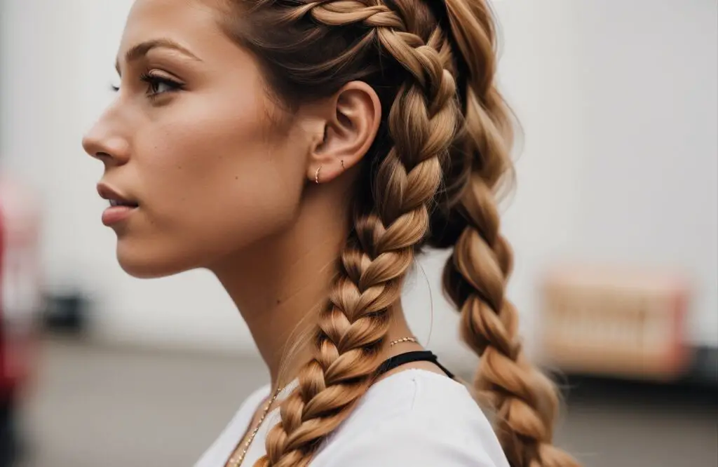 double dutch braids with Peach hair color on long hair