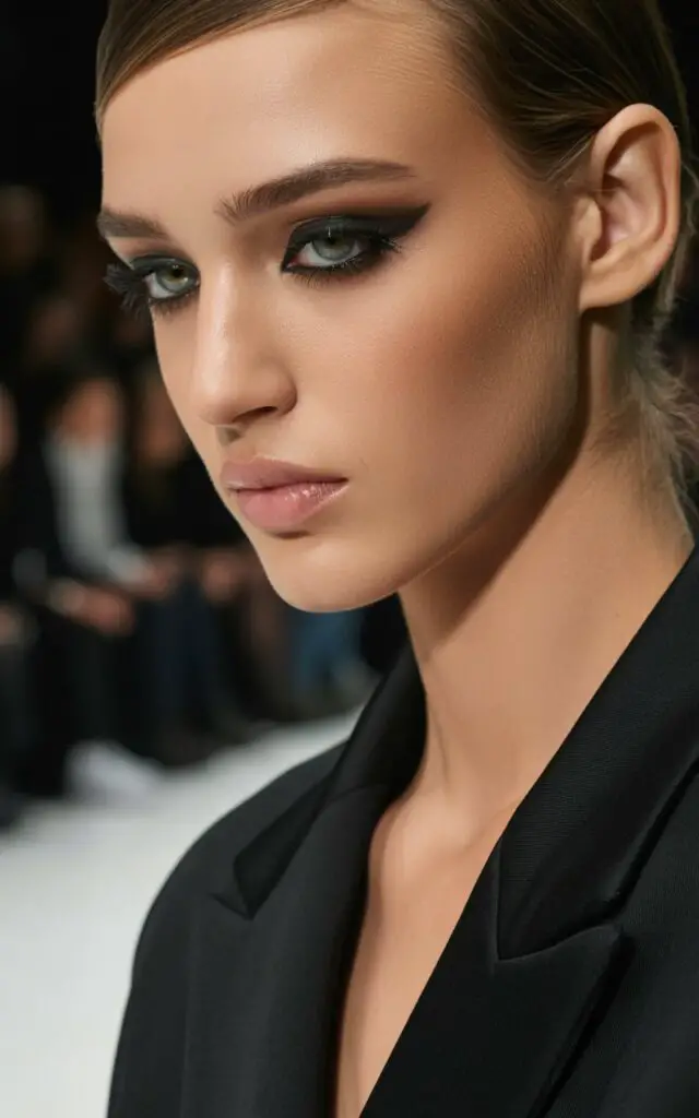 dramatic smoky matte eye with deep brown shadow and bare natural lips