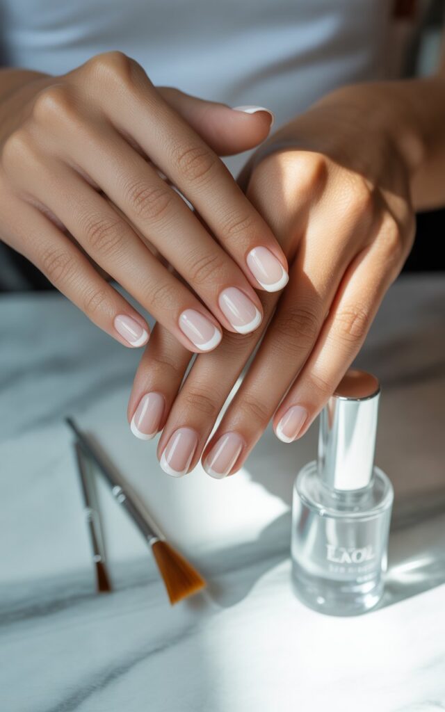 elegant hands displaying a classic French manicure with perfectly shaped nails