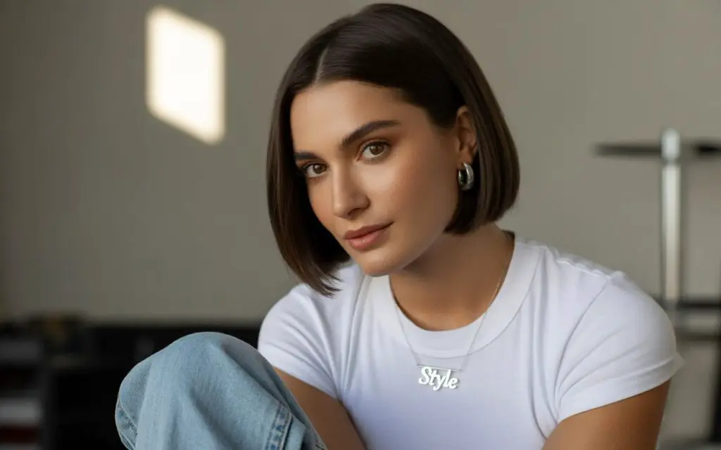 Professional female fashion model with modern bob haircut