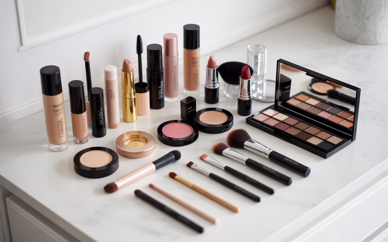 essential makeup products arranged elegantly on a clean white marble surface