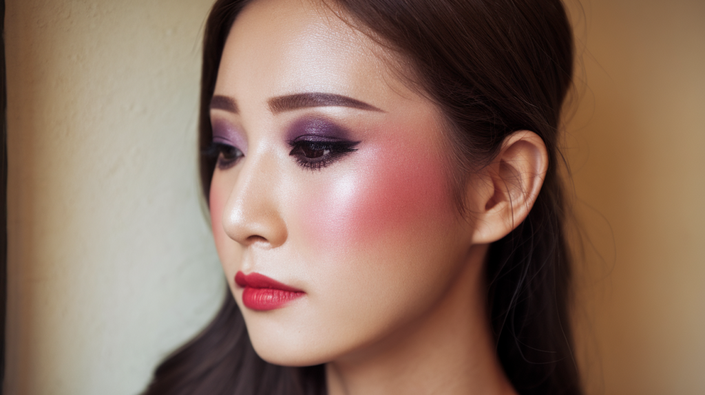 A side profile photo of a Korean woman with heavy makeup. She has dark purple eyeshadow and a brown eyeliner. Her eyebrows are filled and groomed. She has red lips and a pink blush on her cheeks. The lighting is soft. The background is a beige wall.