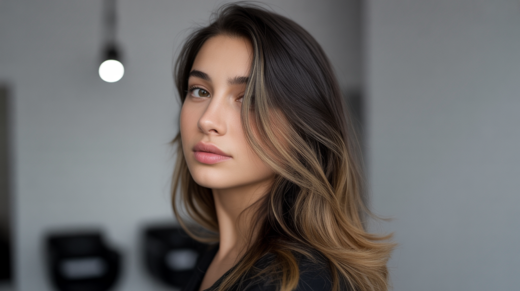 A studio portrait photograph of a young Bulgarian woman showcasing expertly blended hair dye with subtle, warm highlights. Her dark hair cascades down her shoulder, framing a serene face with soft, slightly parted lips and gentle, focused eyes.