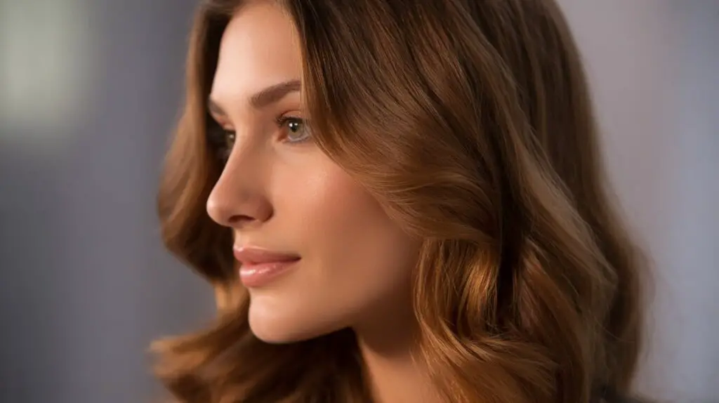 Caramel Brown Hair Color full closeup, Side Profile, beauty professional female model 