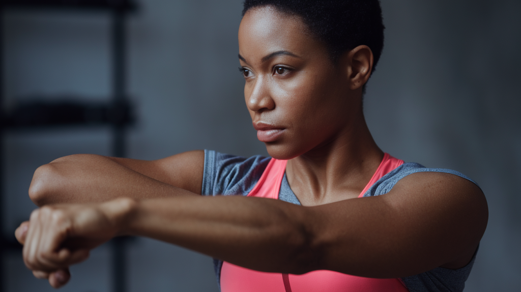 African woman with short black hair, doing a workout at home for her arms. She is wearing a pink sports bra and a grey shirt